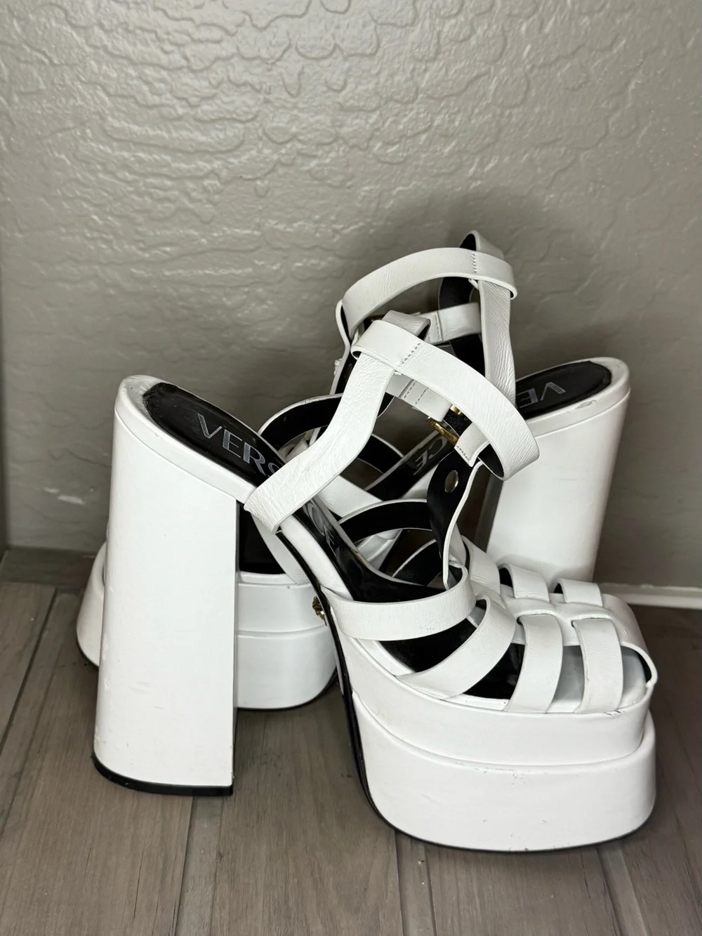 Versace White High Block Platform Strappy Sandals